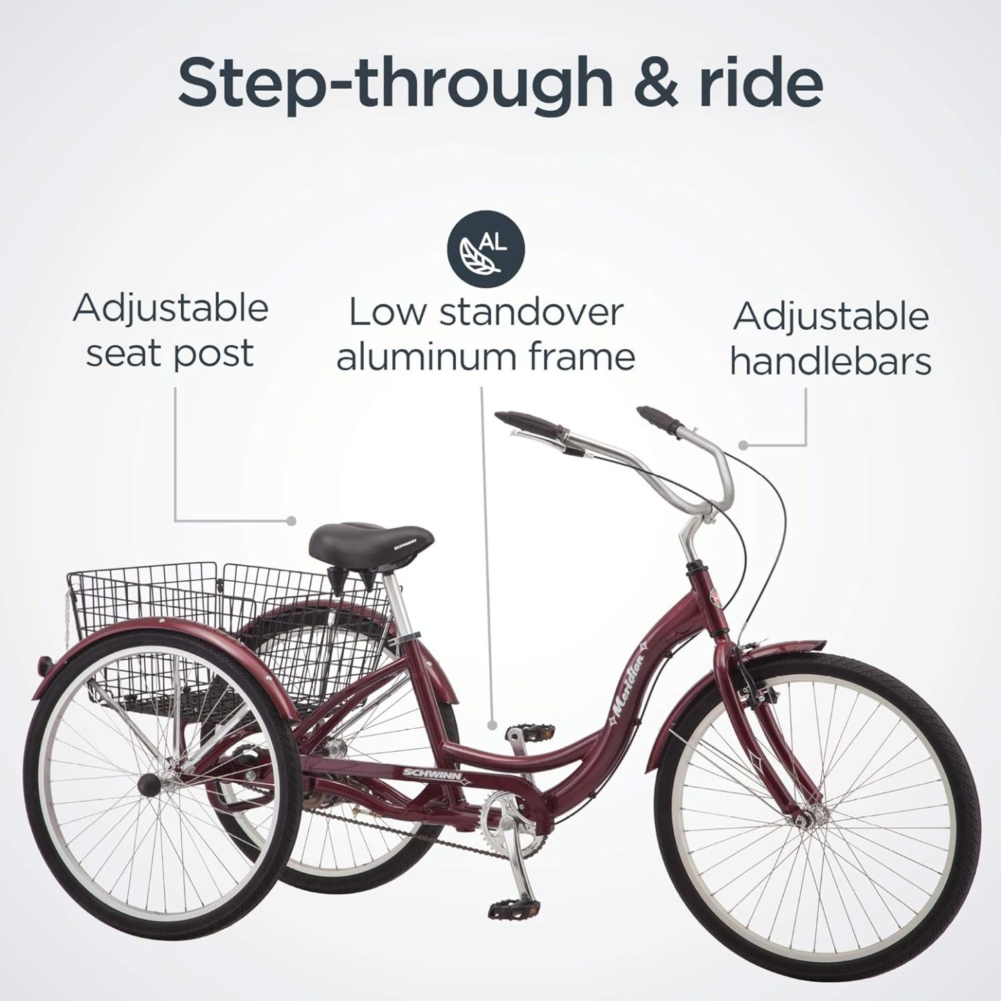 Schwinn Meridian Adult Tricycle Bike, Three Wheel Beach Cruiser, 24 & 26-Inch Wheels, Low Step-Through Aluminum Frame, Adjustable Handlebars, Large Cruiser Seat, Rear Folding Basket