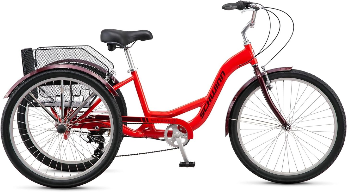 Schwinn Meridian Adult Tricycle Bike, Three Wheel Beach Cruiser, 24 & 26-Inch Wheels, Low Step-Through Aluminum Frame, Adjustable Handlebars, Large Cruiser Seat, Rear Folding Basket