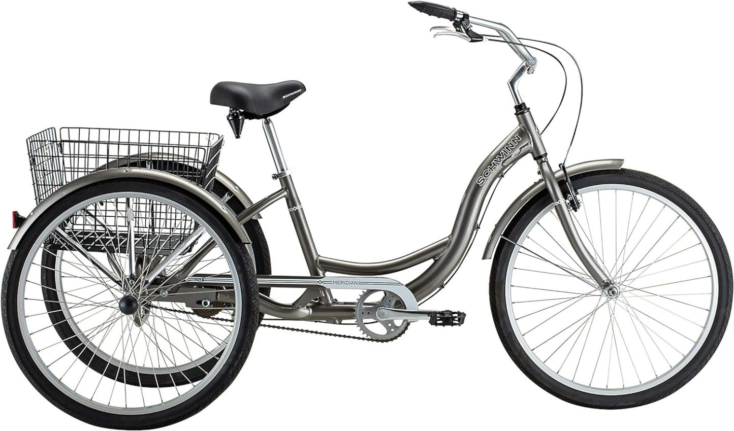 Schwinn Meridian Adult Tricycle Bike, Three Wheel Beach Cruiser, 24 & 26-Inch Wheels, Low Step-Through Aluminum Frame, Adjustable Handlebars, Large Cruiser Seat, Rear Folding Basket