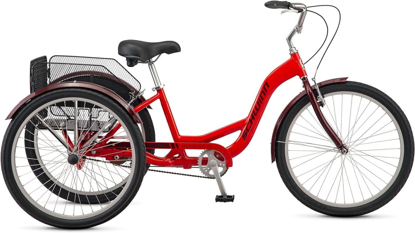 Schwinn Meridian Adult Tricycle Bike, Three Wheel Beach Cruiser, 24 & 26-Inch Wheels, Low Step-Through Aluminum Frame, Adjustable Handlebars, Large Cruiser Seat, Rear Folding Basket