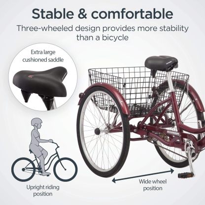 Schwinn Meridian Adult Tricycle Bike, Three Wheel Beach Cruiser, 24 & 26-Inch Wheels, Low Step-Through Aluminum Frame, Adjustable Handlebars, Large Cruiser Seat, Rear Folding Basket
