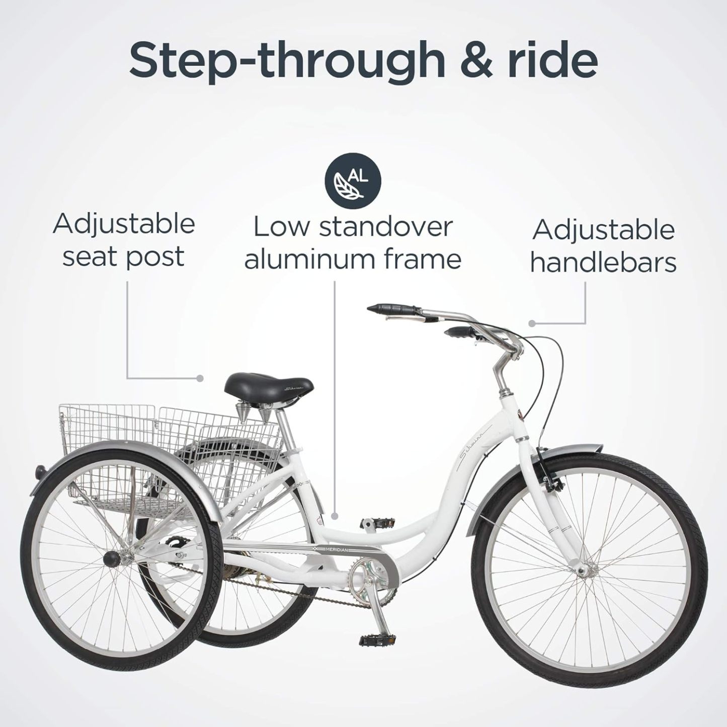 Schwinn Meridian Adult Tricycle Bike, Three Wheel Beach Cruiser, 24 & 26-Inch Wheels, Low Step-Through Aluminum Frame, Adjustable Handlebars, Large Cruiser Seat, Rear Folding Basket