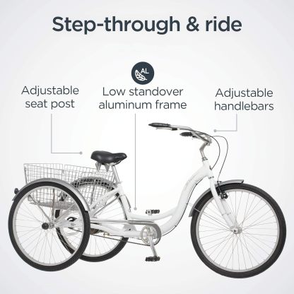 Schwinn Meridian Adult Tricycle Bike, Three Wheel Beach Cruiser, 24 & 26-Inch Wheels, Low Step-Through Aluminum Frame, Adjustable Handlebars, Large Cruiser Seat, Rear Folding Basket