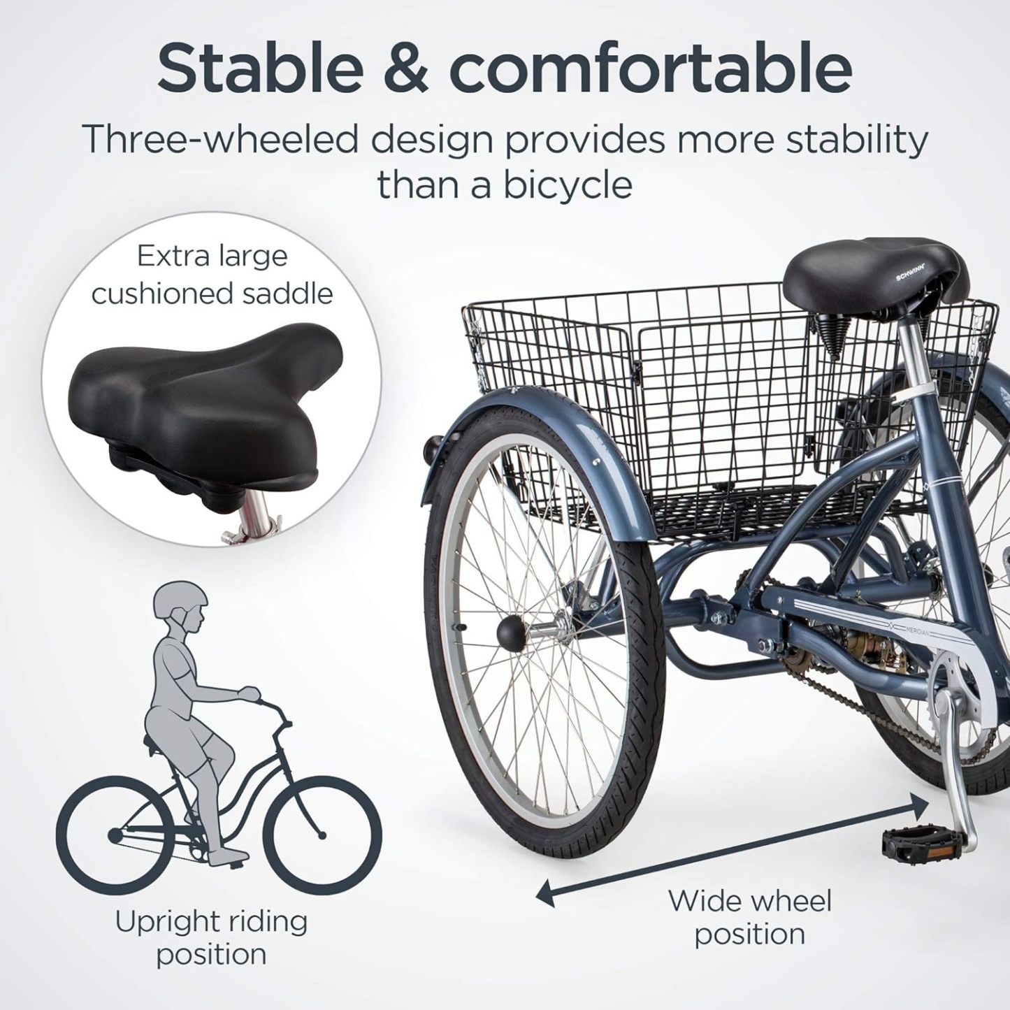 Schwinn Meridian Adult Tricycle Bike, Three Wheel Beach Cruiser, 24 & 26-Inch Wheels, Low Step-Through Aluminum Frame, Adjustable Handlebars, Large Cruiser Seat, Rear Folding Basket