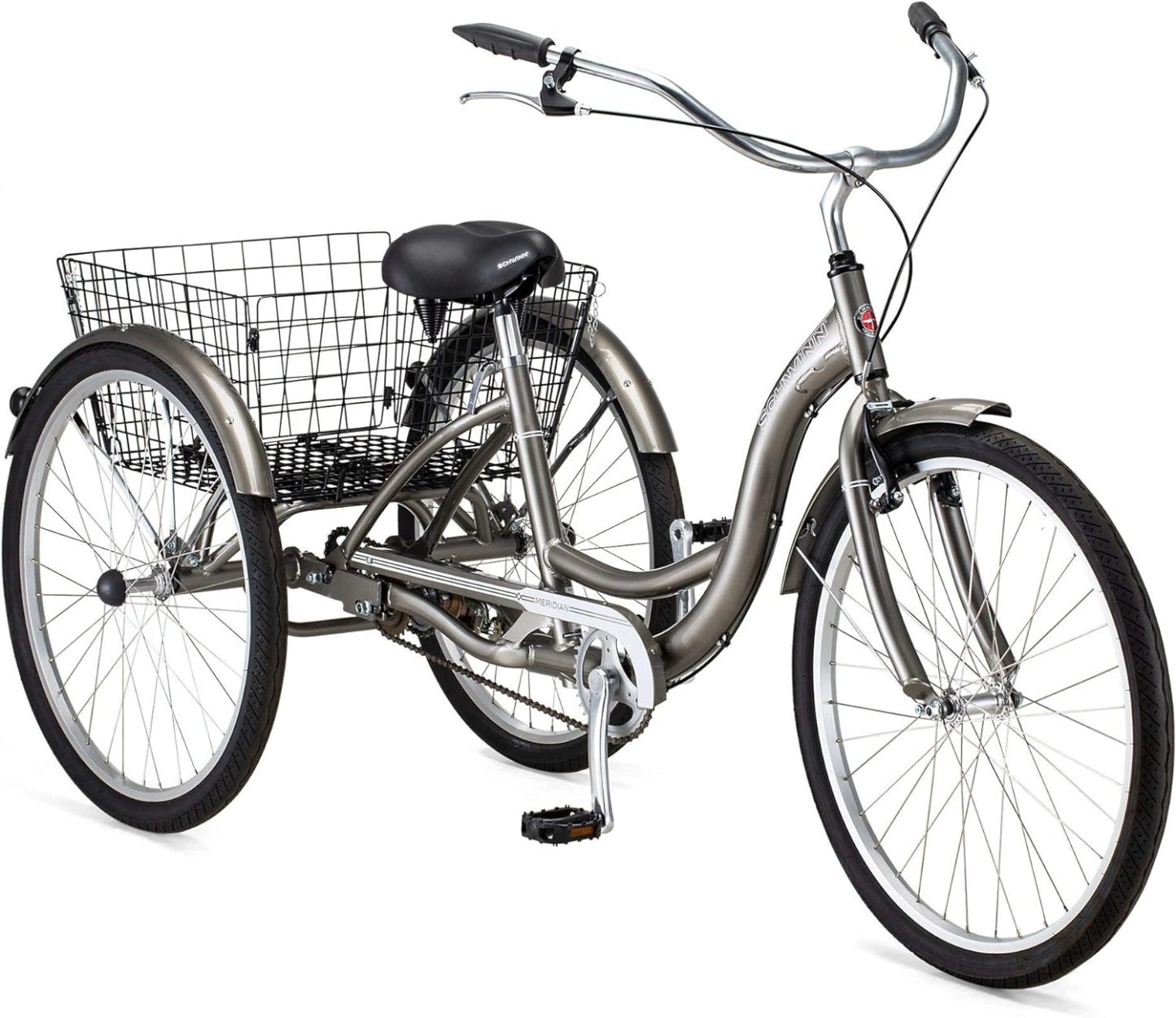 Schwinn Meridian Adult Tricycle Bike, Three Wheel Beach Cruiser, 24 & 26-Inch Wheels, Low Step-Through Aluminum Frame, Adjustable Handlebars, Large Cruiser Seat, Rear Folding Basket