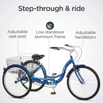 Schwinn Meridian Adult Tricycle Bike, Three Wheel Beach Cruiser, 24 & 26-Inch Wheels, Low Step-Through Aluminum Frame, Adjustable Handlebars, Large Cruiser Seat, Rear Folding Basket