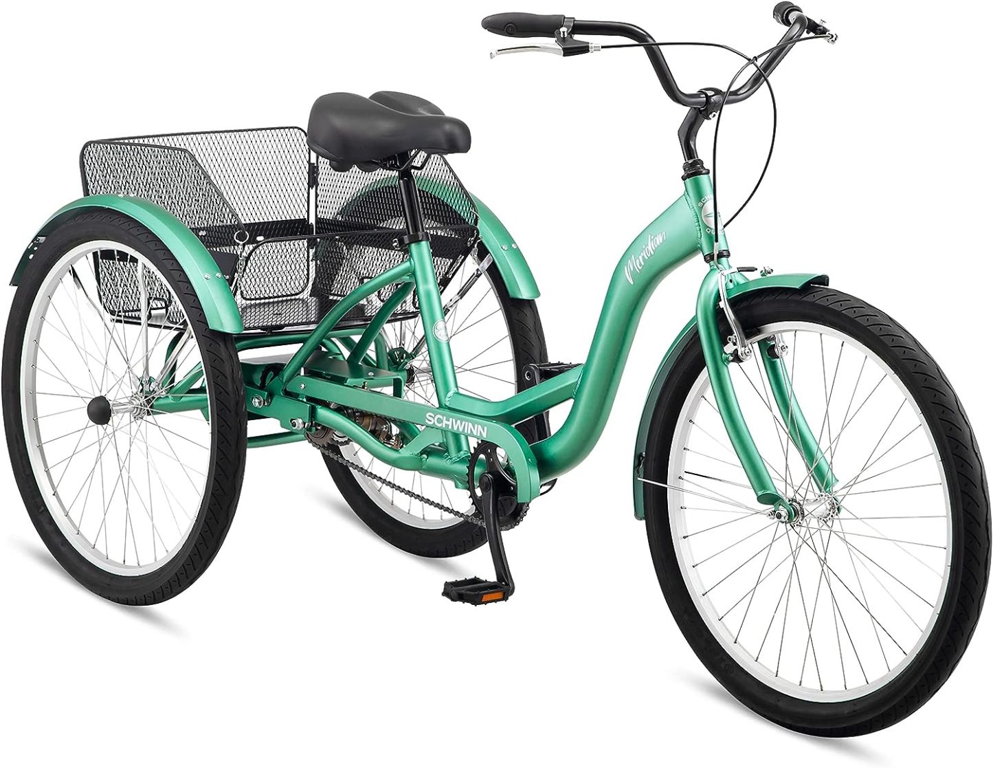 Schwinn Meridian Adult Tricycle Bike, Three Wheel Beach Cruiser, 24 & 26-Inch Wheels, Low Step-Through Aluminum Frame, Adjustable Handlebars, Large Cruiser Seat, Rear Folding Basket