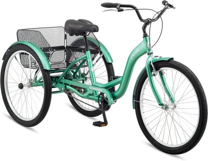 Schwinn Meridian Adult Tricycle Bike, Three Wheel Beach Cruiser, 24 & 26-Inch Wheels, Low Step-Through Aluminum Frame, Adjustable Handlebars, Large Cruiser Seat, Rear Folding Basket