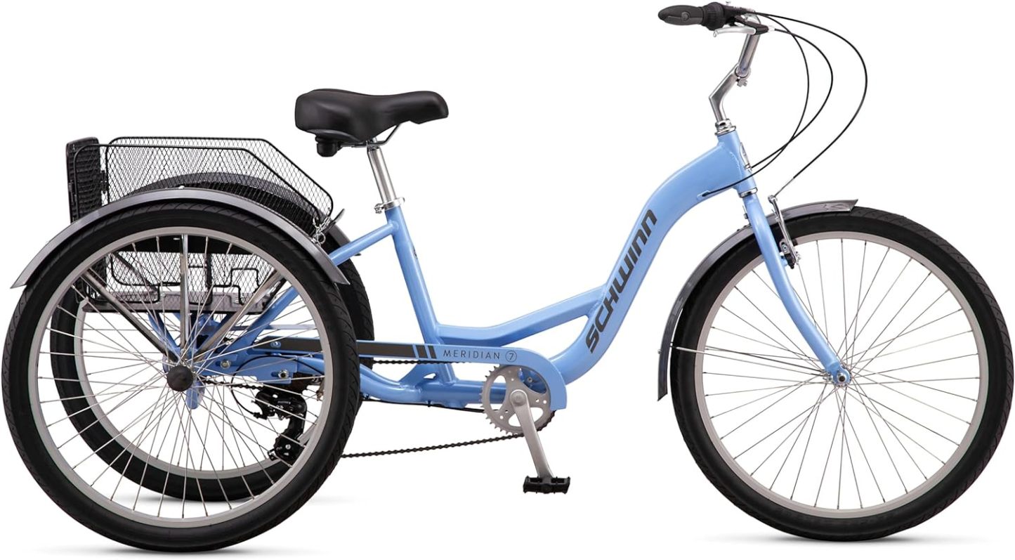 Schwinn Meridian Adult Tricycle Bike, Three Wheel Beach Cruiser, 24 & 26-Inch Wheels, Low Step-Through Aluminum Frame, Adjustable Handlebars, Large Cruiser Seat, Rear Folding Basket