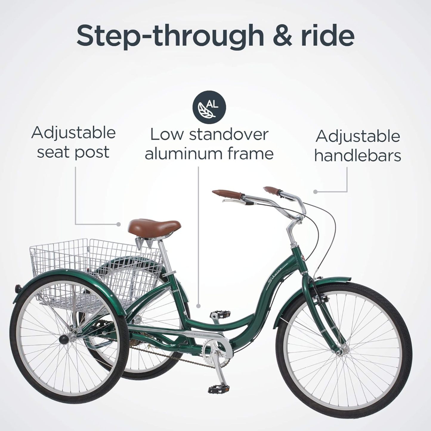 Schwinn Meridian Adult Tricycle Bike, Three Wheel Beach Cruiser, 24 & 26-Inch Wheels, Low Step-Through Aluminum Frame, Adjustable Handlebars, Large Cruiser Seat, Rear Folding Basket