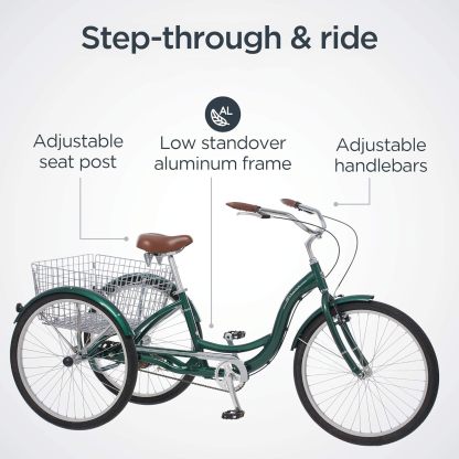 Schwinn Meridian Adult Tricycle Bike, Three Wheel Beach Cruiser, 24 & 26-Inch Wheels, Low Step-Through Aluminum Frame, Adjustable Handlebars, Large Cruiser Seat, Rear Folding Basket