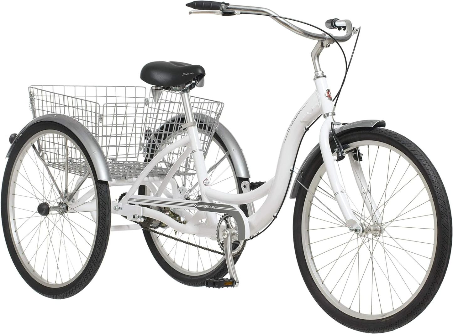 Schwinn Meridian Adult Tricycle Bike, Three Wheel Beach Cruiser, 24 & 26-Inch Wheels, Low Step-Through Aluminum Frame, Adjustable Handlebars, Large Cruiser Seat, Rear Folding Basket