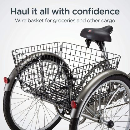 Schwinn Meridian Adult Tricycle Bike, Three Wheel Beach Cruiser, 24 & 26-Inch Wheels, Low Step-Through Aluminum Frame, Adjustable Handlebars, Large Cruiser Seat, Rear Folding Basket