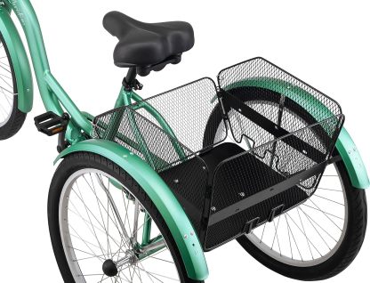 Schwinn Meridian Adult Tricycle Bike, Three Wheel Beach Cruiser, 24 & 26-Inch Wheels, Low Step-Through Aluminum Frame, Adjustable Handlebars, Large Cruiser Seat, Rear Folding Basket
