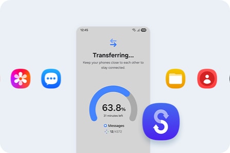 A smartphone displaying a data transfer process. Around the phone are colorful app icons and a Smart Switch logo.