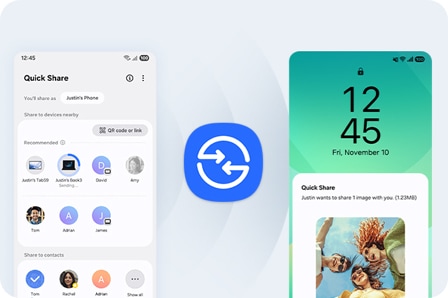 The left phone's screen lists files and contacts available for sharing, while the right phone displays a notification for an incoming 'Quick Share' transfer with a preview of shared images, Quick Share icon in the center.
