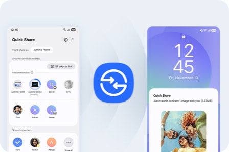 The left phone's screen lists files and contacts available for sharing, while the right phone displays a notification for an incoming 'Quick Share' transfer with a preview of shared images, Quick Share icon in the center.