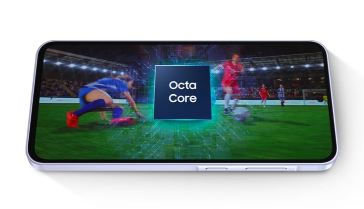 Galaxy A36 5G placed horizontally. Soccer match is onscreen. Above is Octa Core processor.