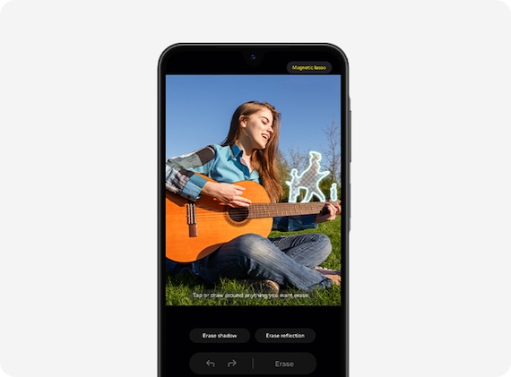 Galaxy A26 5G with Object Eraser feature onscreen. The object in the background is selected and will be erased.