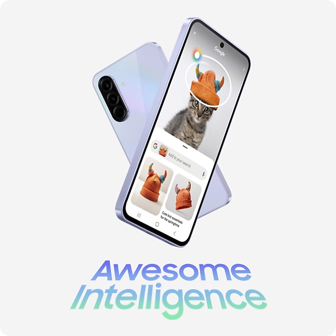 Galaxy A36 5G slides into view with the screen facing the right. Text 6x OS Upgrades and Security upgrades can be seen onscreen. A colorful, microchip-like design appears underneath the device.