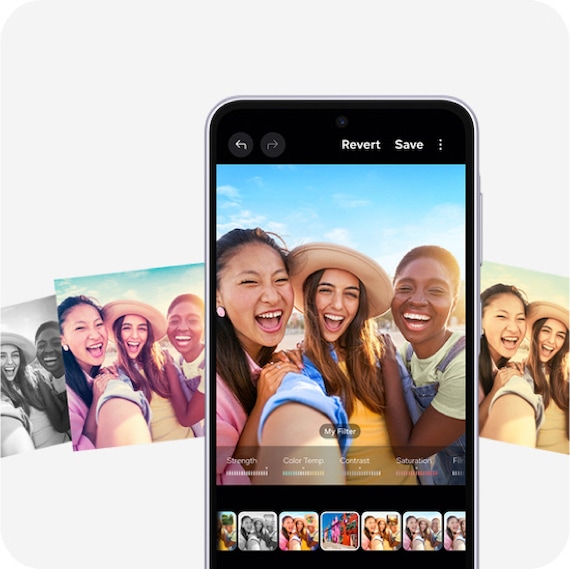 Galaxy A36 5G with My Filter feature onscreen. In the middle is three women smiling. Next to the device are the same smiling women in different filters to indicate various effects.