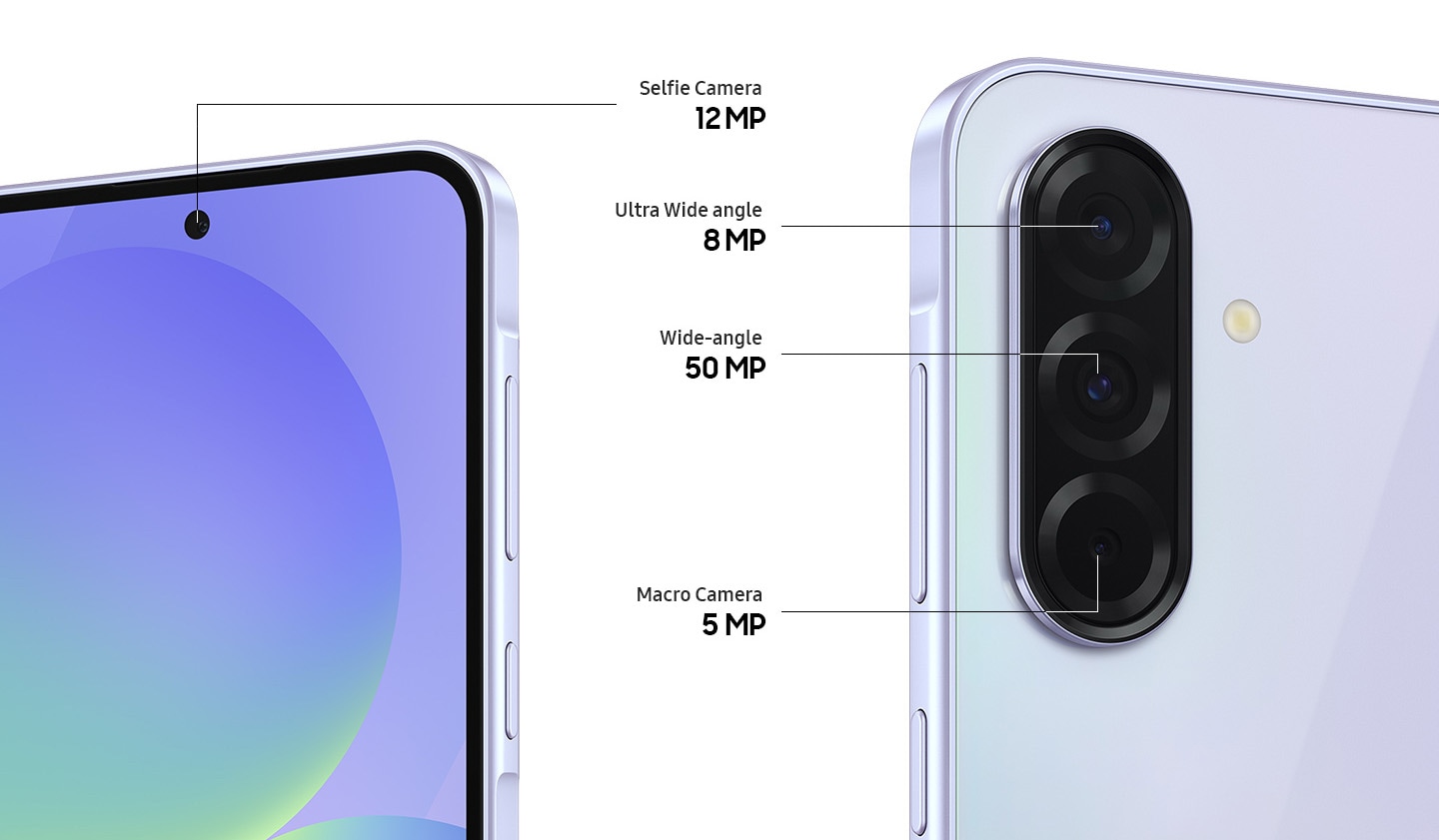 Two Galaxy A36 5G devices can be seen. The front camera features the 12 MP Selfie Camera. The rear cameras feature the 8 MP Ultra Wide angle, 50 MP Wide-angle and 5 MP Macro Camera.