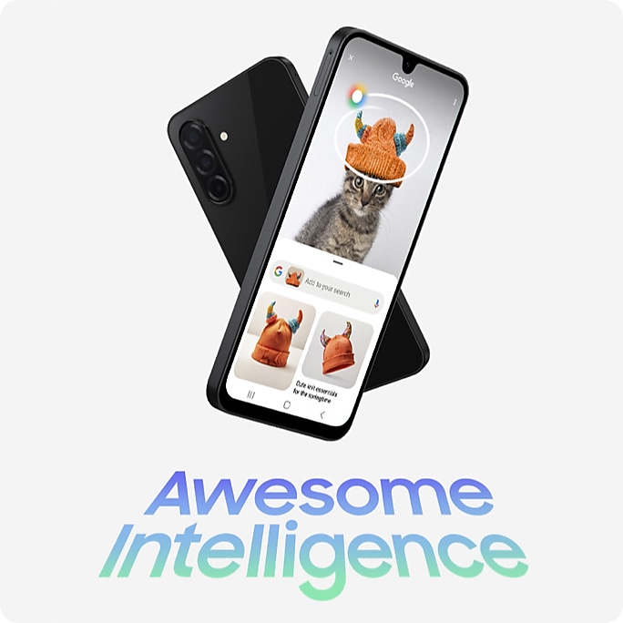 Two galaxy phones with the words Awesome Intelligence showing the use of the Circle to search feature.
