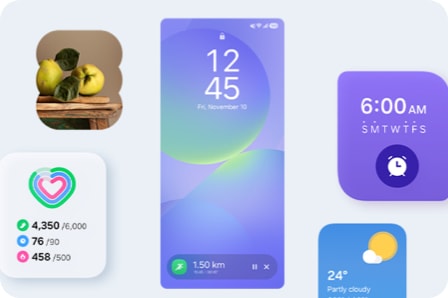 A smartphone lock screen showing Samsung Health Running tracker in the Now Bar at the bottom of the screen, with widgets for Gallery, Daily Activity, Alarm and Weather shown around the screen.