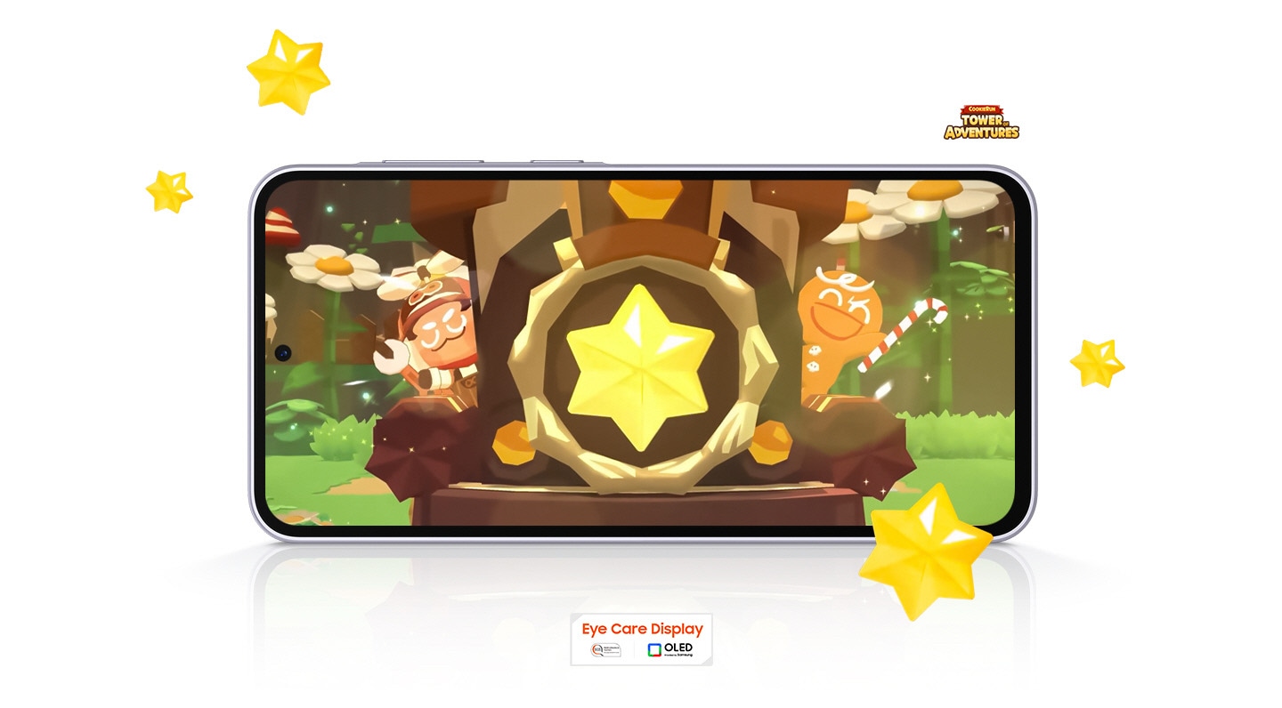 Galaxy A36 5G placed horizontally. Cookie Run: Tower of Adventures is onscreen. Game items are randomly placed outside of the screen. Cookie Run: Tower of Adventures logo is on the top right. Text Eye Care Display, SGS performance mark and OLED technology logo are at the bottom. 