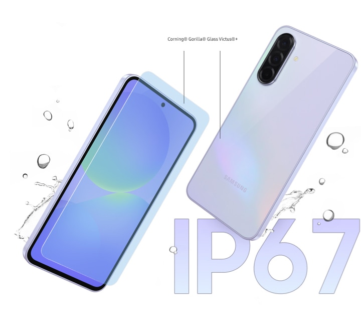 Two Galaxy A36 5G devices can be seen. The one on the left is in a slightly tilted front view. Glass layer in front of the screen. Text Corning registered Gorilla registered Glass Victus registered plus can be seen between the front and back glass. The device on the right is in a slightly tilted rear view. In the background are splashes of water to indicate durability.
