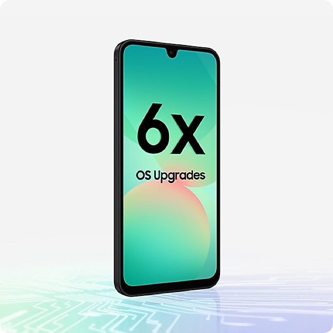 Galaxy A26 5G in a slightly tilted front view. Text 6x OS Upgrades is onscreen. Chipset-like design is at the bottom.