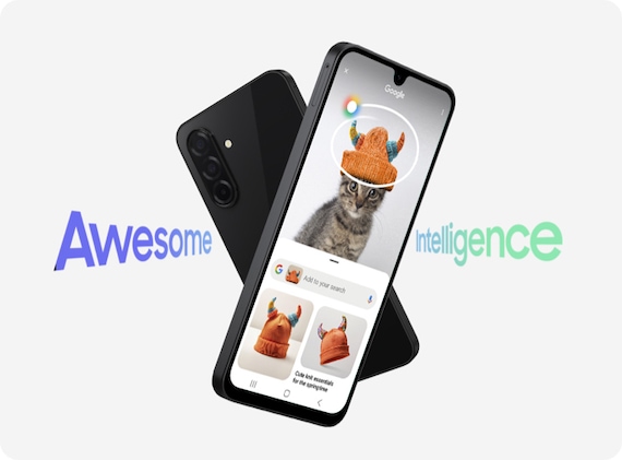 Two Galaxy A26 5G devices forming an X shape. The one in the back is in rear view. The one in the front has Circle to Search feature onscreen. Text Awesome Intelligence and The new Galaxy A26 5G can be seen. Text Circle to Search with Google is at the bottom.