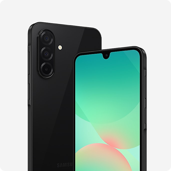 Two Galaxy A26 5G devices in Black, showcasing their glass front and back designs featuring a 3-camera layout.