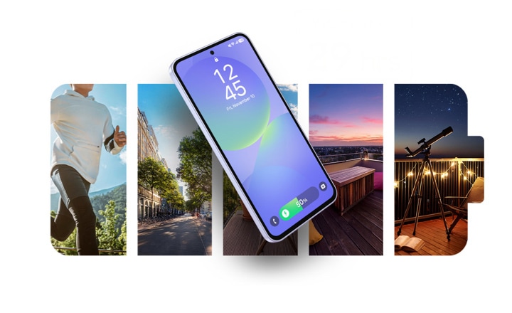 Galaxy A36 5G can be seen with the lock page onscreen. In the background is a person running, the cityscape, a rooftop during sunset and a telescope on the rooftop pointed toward the night sky. Text Watch up to 29 hours is on the top right.