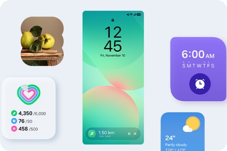 A smartphone lock screen showing Samsung Health Running tracker in the Now Bar at the bottom of the screen, with widgets for Gallery, Daily Activity, Alarm and Weather shown around the screen.