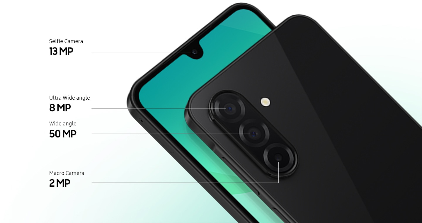 Two Galaxy A26 5G devices. The one on the left is viewed from the front, highlighting the 13MP Selfie Camera. The one on the right is viewed from the back, showcasing the 8MP Ultra Wide angle, 50MP Wide angle and 2MP Macro Camera.