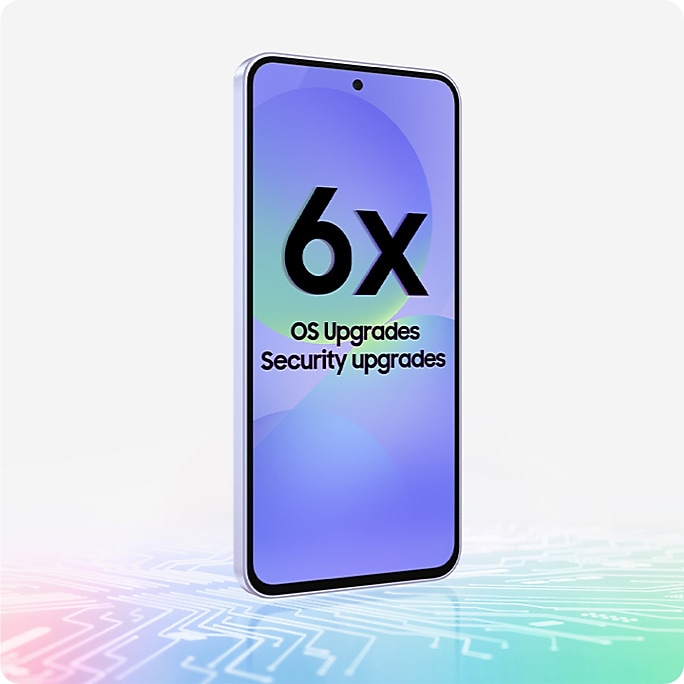A horizontally placed Galaxy A36 5G displays a blank screen that turns on to show the Samsung Knox Vault icon upright. Display shows the interior of a smartphone with a processor placed in the center.