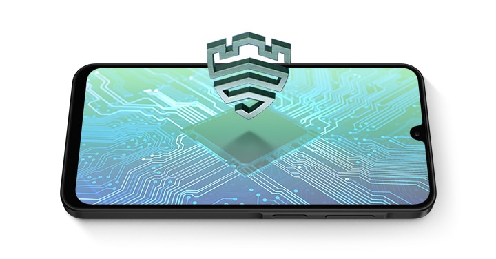 Galaxy A36 5G placed horizontally. Display shows the interior of a smartphone with a processor placed in the center. Above is the Samsung Knox Vault logo standing upright.