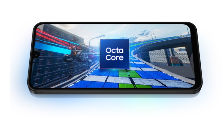 A Galaxy A26 5G device displaying an overpass in the city. A motorbike speeds in from the left side of the screen, racing toward the overpass. At the center of the screen is a cube with the text Octa Core.
