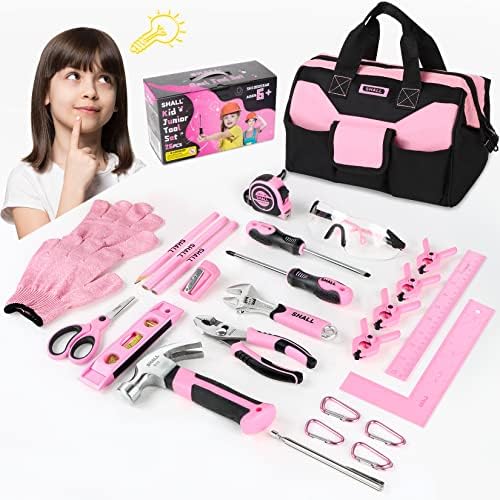26-Piece Kids Size Tool Set, Pink Real Tools for Kids with 12" Tool Bag