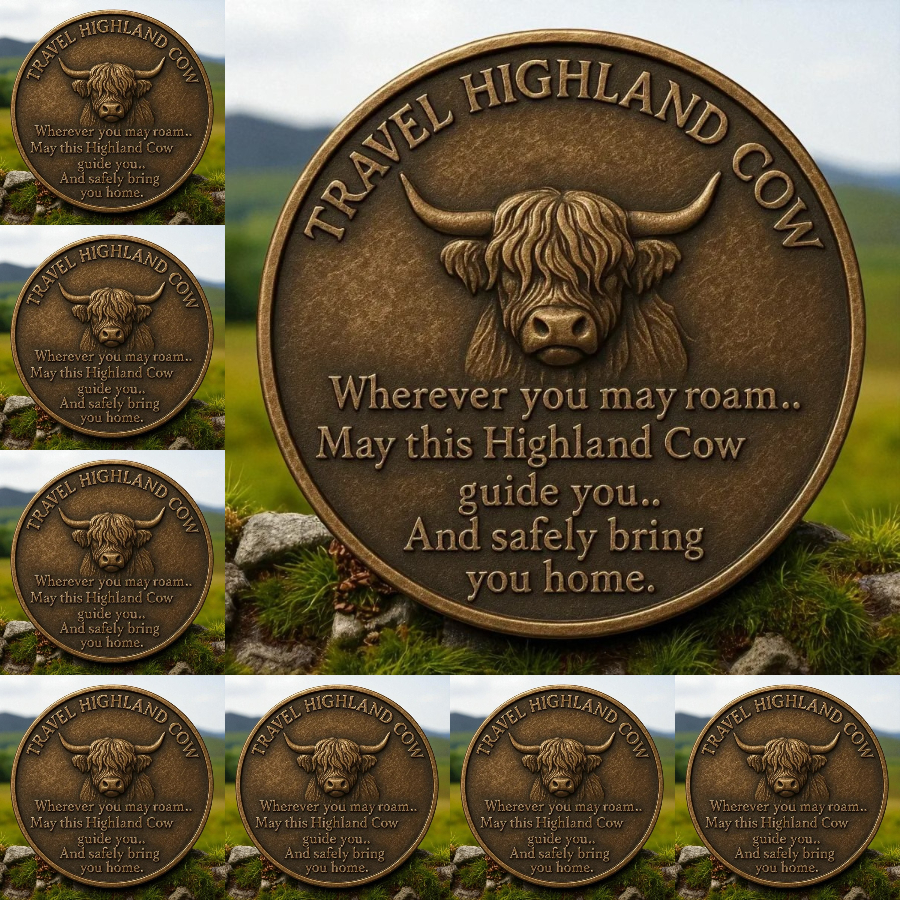 🐂Highland Cow Travel Guardian Vintage Coin