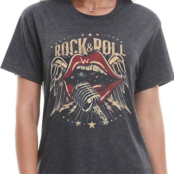 🔥 American Retro Rock T-shirt｜ROCK&ROLL Fiery Red Lips Microphone