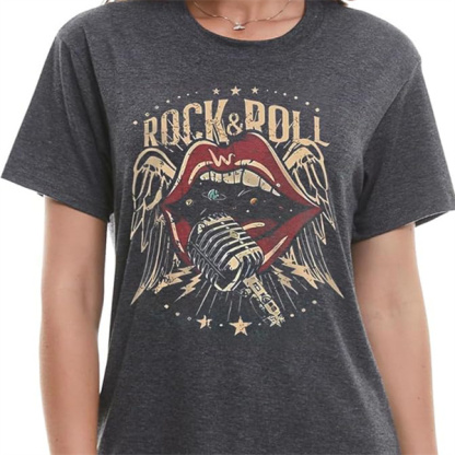 🔥 American Retro Rock T-shirt｜ROCK&ROLL Fiery Red Lips Microphone