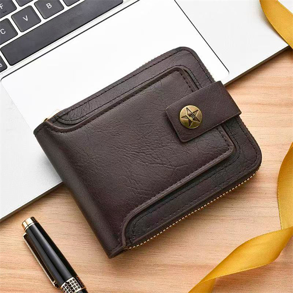 Men's Short Wallet, Retro Style, Multifunctional Horizontal Zipper Buckle, Solid Color, Tri-fold, ID Card Holder