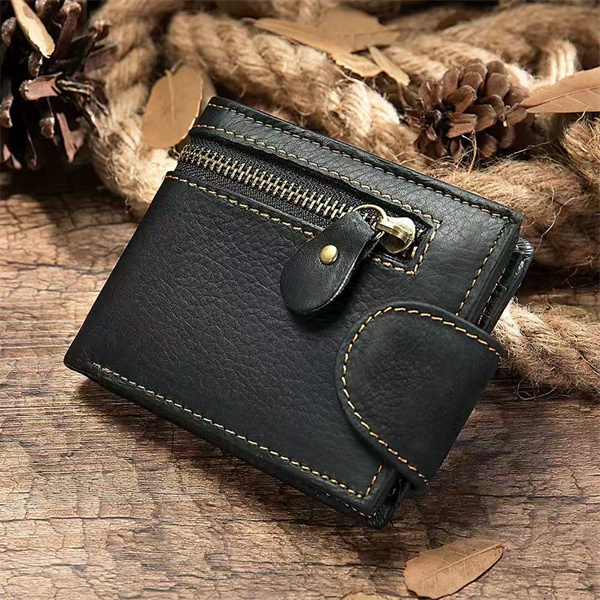 Men's genuine leather wallet with retro buckle, multi-card top-grain cowhide tri-fold folding wallet