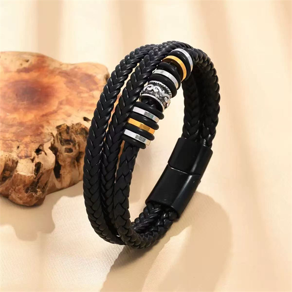 DIY Handmade Woven Leather Magnetic Clasp Multi-Layer Bracelet for Men, Fashionable Stainless Steel Multi-Layer Leather Cord Bracelet