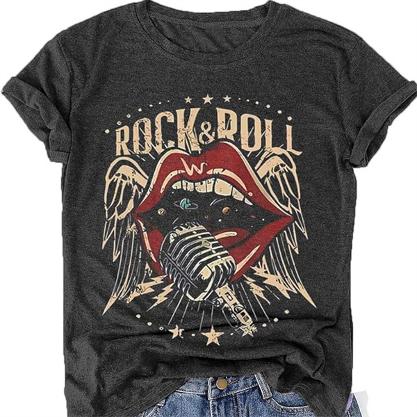🔥 American Retro Rock T-shirt｜ROCK&ROLL Fiery Red Lips Microphone