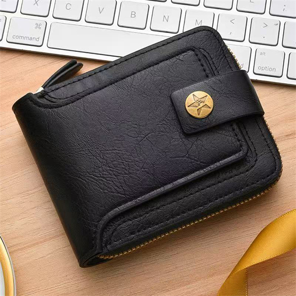 Men's Short Wallet, Retro Style, Multifunctional Horizontal Zipper Buckle, Solid Color, Tri-fold, ID Card Holder