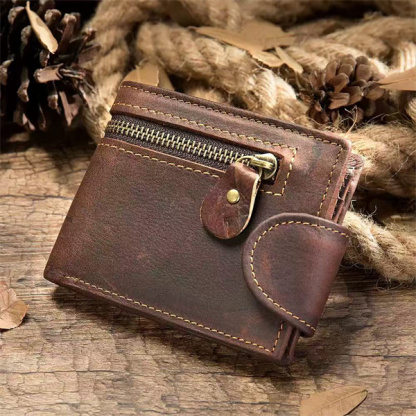 Men's genuine leather wallet with retro buckle, multi-card top-grain cowhide tri-fold folding wallet