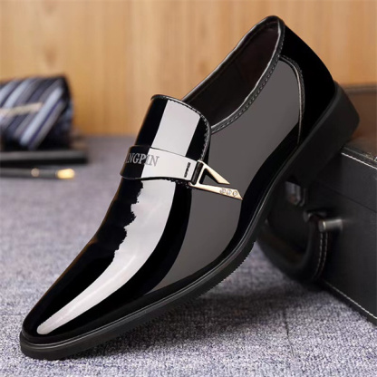 Men's patent leather trendy business formal Korean British style pointed toe slip-on shoes